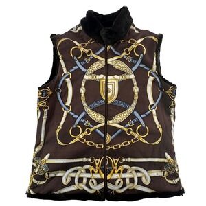 J.McLaughlin Women's S Vest Brown Faux Fur Reversible Equestrian Silk Print